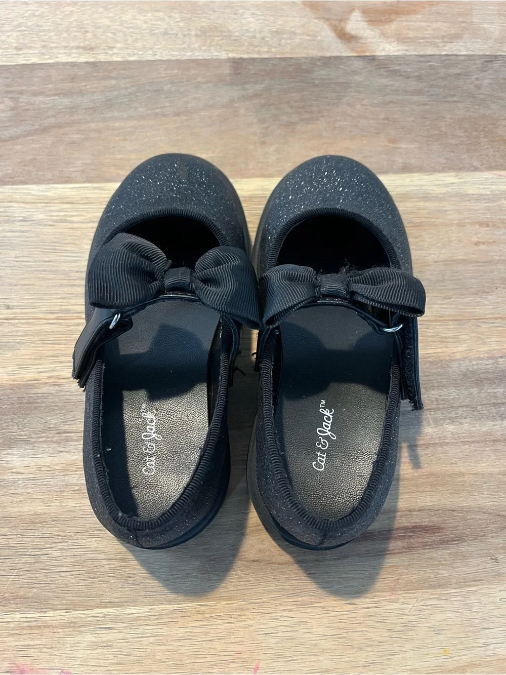 Girls' Black Glitter Mary Jane Shoes with Bow Accent